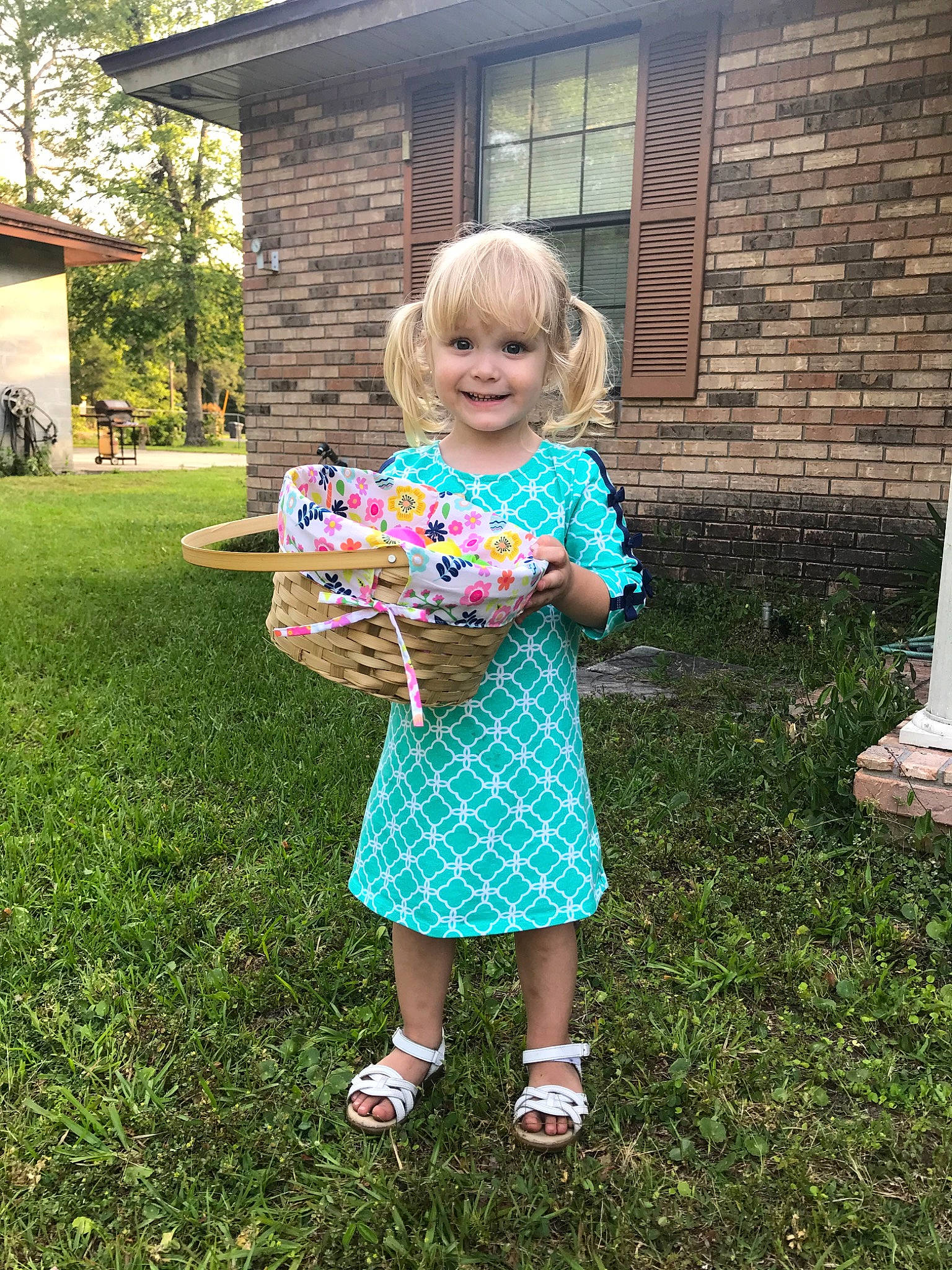 Alyce joined the competition — help win amazing prizes! backyard, child, dress, easter, garden, grass, grass_family, joy, lawn, pattern, person, play, summer, toddler, vacation, yard