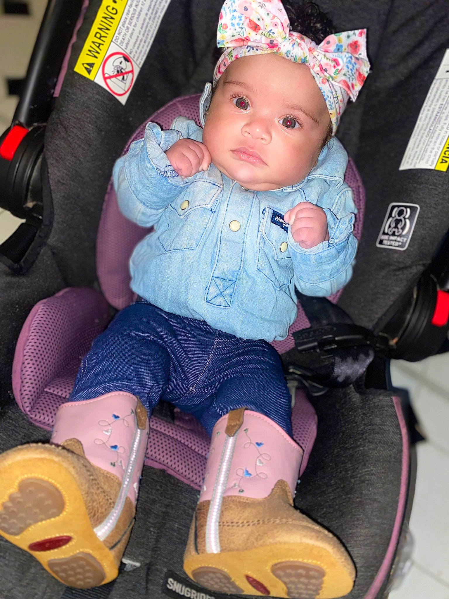 Khaleeah joined the competition — help win amazing prizes! baby, baby_carriage, baby_in_car_seat, baby_products, baby_toddler_clothing, bag, car_seat, chair, cheek, child, clothing, comfort, headwear, lap, leg, person, pink, sitting, sock, textile