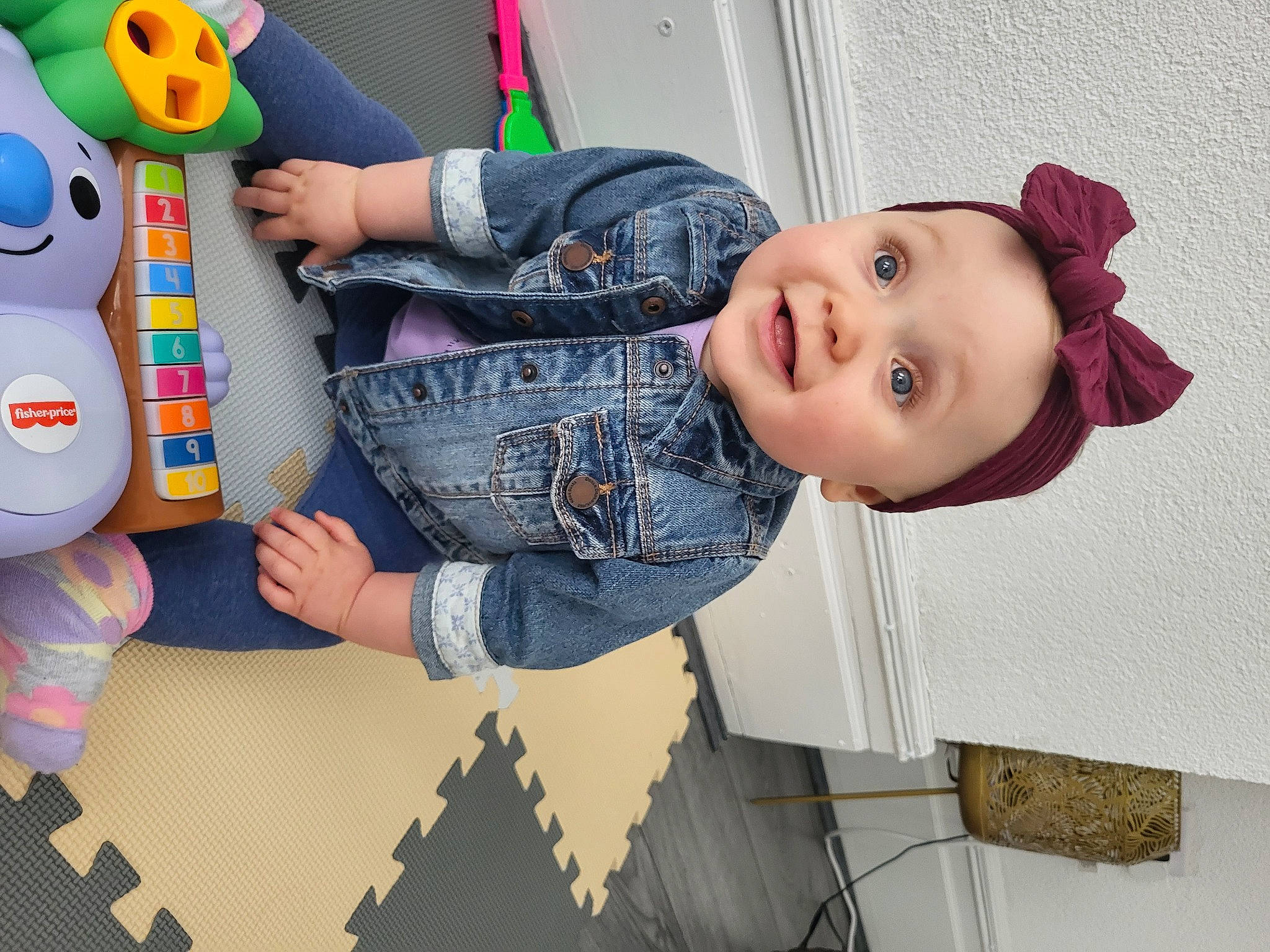 Esmé joined the competition — help win amazing prizes! baby, baby_playing_with_toys, baby_products, baby_toddler_clothing, baby_toys, child, fun, hat, musical_instrument, pattern, person, product, room, sleeve, smile, stuffed_toy, textile, toddler, toy, white
