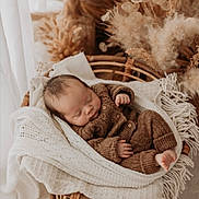 Gabin a rejoint le concours — aidez-le/la à gagner de superbes lots ! baby, newborn, sleeping, basket, blanket, brown_clothing, cozy, soft, indoor, decor, dried_plants, natural, warm_tones, infant, cute, portrait, peaceful, resting, woven_basket, textile