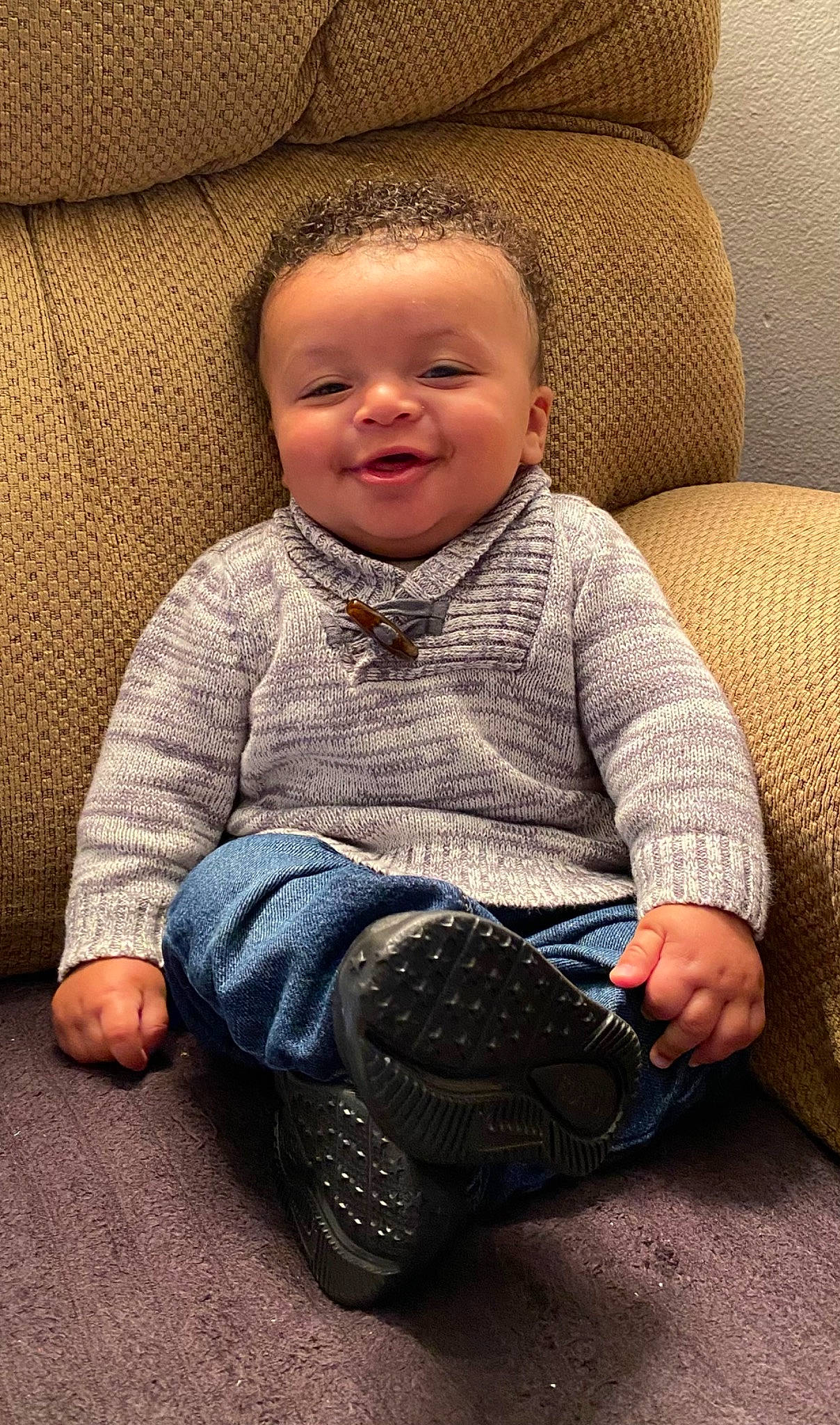 Malachi joined the competition — help win amazing prizes! baby_toddler_clothing, cheek, child, chin, comfort, eye, facial_expression, finger, head, human, leg, nose, organ, person, skin, sleeve, smile, standing, textile, toddler