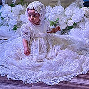 Aliana joined the competition — help win amazing prizes! baby, child, portrait, sitting, dress, gown, white, lace, flowers, roses, floral, headpiece, bonnet, sparkles, pearls, royal, ceremony, indoor, wooden_floor, photography