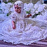 baby, child, portrait, sitting, dress, gown, white, lace, flowers, roses, floral, headpiece, bonnet, sparkles, pearls, royal, ceremony, indoor, wooden_floor, photography