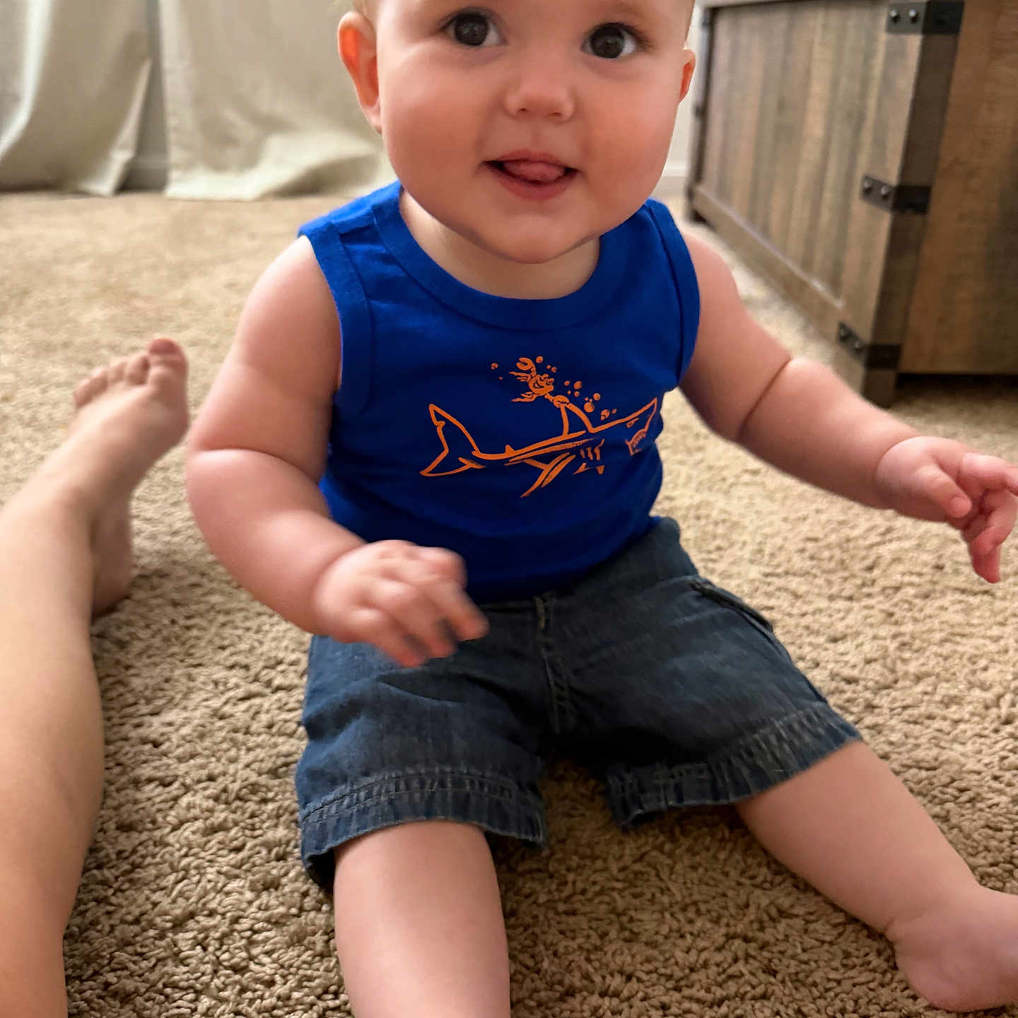 Asher is registered to the contest to win money with this photo: baby, child, infant, sitting, carpet, indoor, portrait, smiling, tongue_out, blue_shirt, shark, shorts, barefoot, adult_leg, home, furniture, cabinet, curtain, cozy, photograph