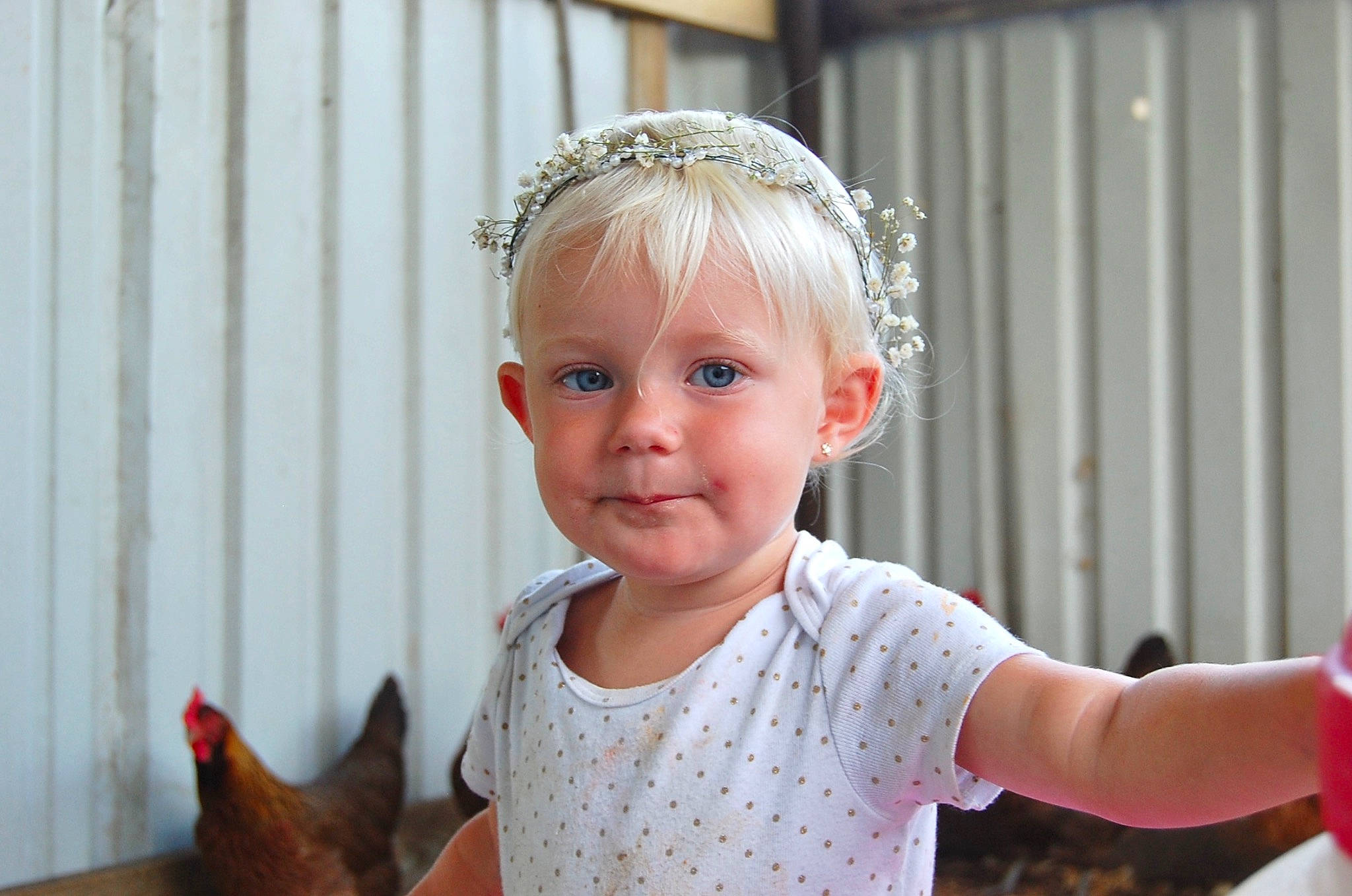 Addisyn joined the competition — help win amazing prizes! baby, baby_toddler_clothing, bridal_accessory, child, crown, event, fashion_accessory, fun, gesture, hair_accessory, happy, headband, headpiece, jewellery, joy, necklace, person, pink, standing, t_shirt