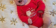 Bentley is registered to the contest to win money with this photo: baby, infant, child, red_onesie, christmas_clothing, holiday, blanket, snowflake_pattern, gold_sequins, smiling, happy, indoors, cute, lying_down, festive, celebration, soft_texture, small_hands, small_feet, portrait