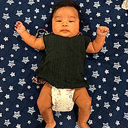 Ayden is registered to the contest to win money with this photo: baby, infant, diaper, black_top, star_pattern, blanket, lying_down, cute, indoors, child, skin, foot, hand, face, expression, person, young, apparel, comfort, resting
