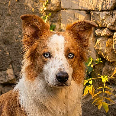 Bingo a rejoint le concours — aidez-le/la à gagner de superbes lots ! dog, border_collie, blue_eyes, fur, portrait, outdoor, stone_wall, sunlight, animal, pet, ears, face, canine, nature, brown, white, alert, looking_at_camera, texture, background