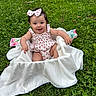 Aviana is registered to the contest to win money with this photo: baby, child, smiling, outdoor, grass, blanket, headband, cute, happy, infant, person, nature, greenery, sitting, portrait, face, summer, clothing, playful, young