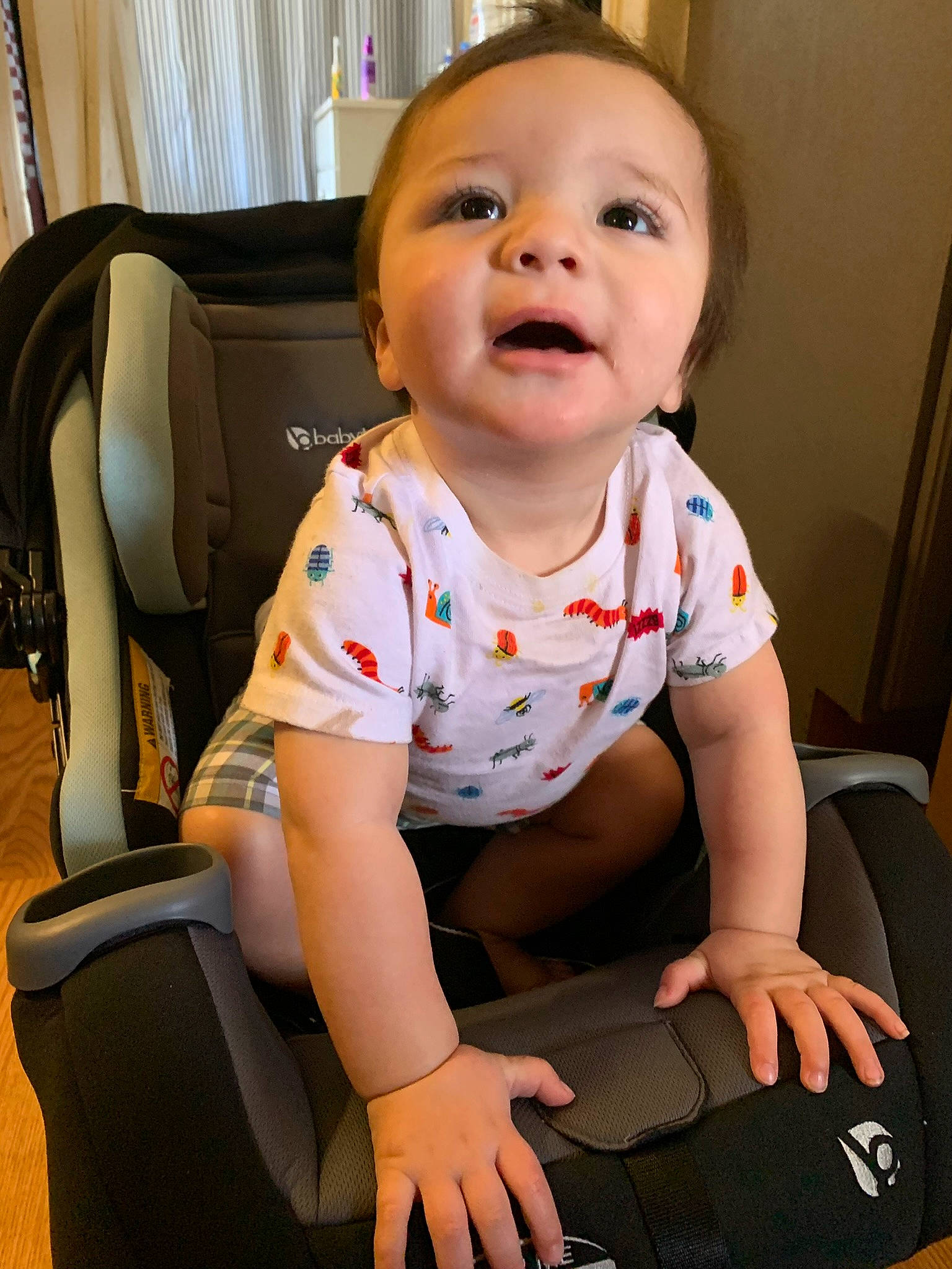 Forrest joined the competition — help win amazing prizes! arm, baby, baby_toddler_clothing, cheek, child, collar, comfort, curtain, elbow, finger, flooring, fun, person, product, room, sitting, skin, sleeve, standing, t_shirt