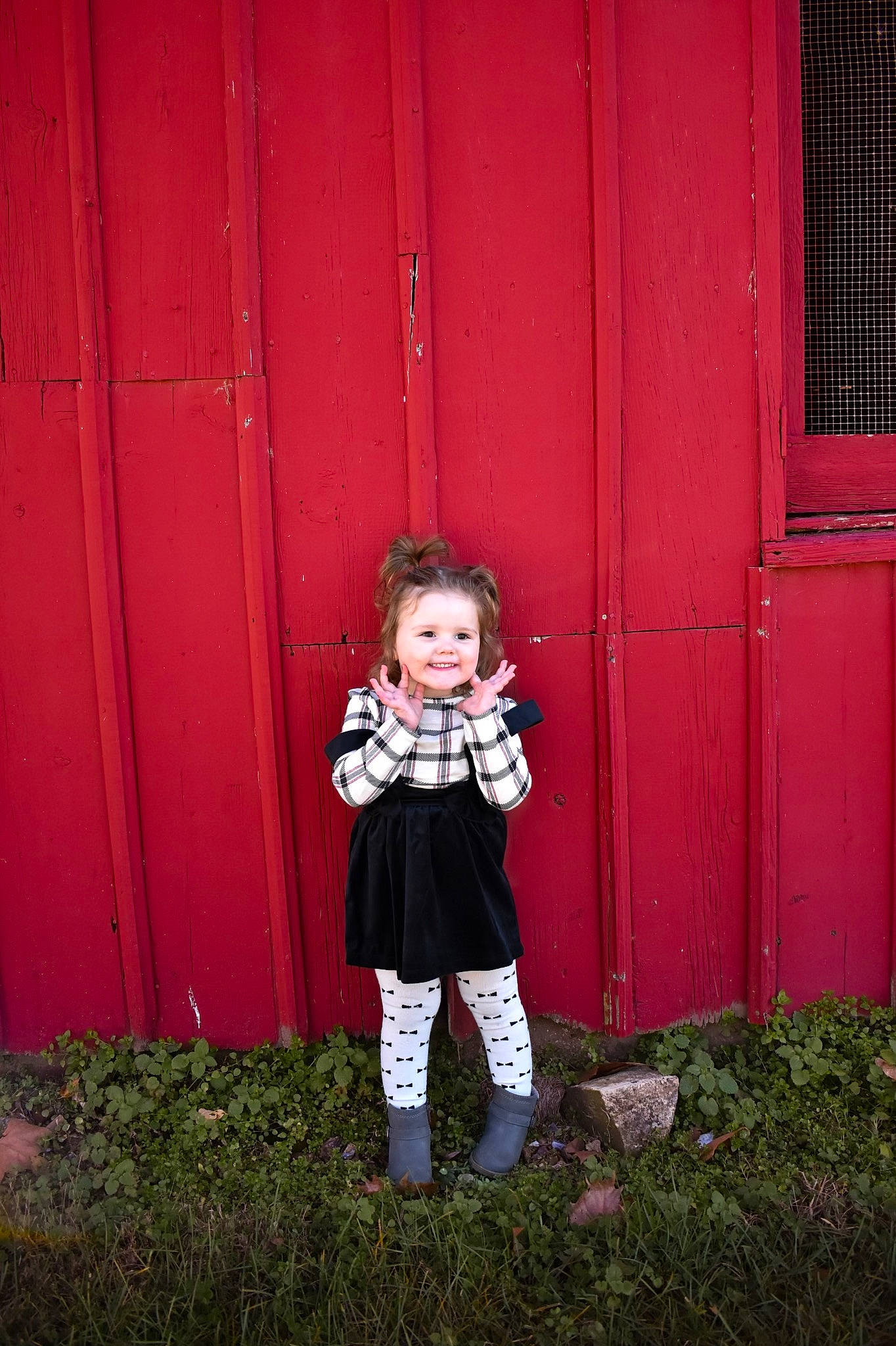 Laila is registered to the contest to win money with this photo: baby, boot, door, dress, flash_photography, grass, grassland, happy, house, joy, leg, magenta, pattern, people_in_nature, person, pink, plant, tints_and_shades, toddler, tree