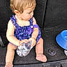 Ellie is registered to the contest to win money with this photo: baby, child, purple_dress, plastic_bottle, barefoot, sitting, curious, car_trunk, blue_bowl, infant, cute, young_child, exploring, casual, indoors, person, clothing, skin, head, hair