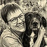 Maya a rejoint le concours — aidez-le/la à gagner de superbes lots ! affection, animal, black_dog, casual_clothing, close_up, dog, face, flower_crown, friendship, glasses, happy, hugging, nature, outdoor, person, pet, portrait, short_hair, smiling, white_markings