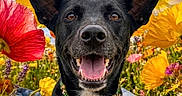 Maya a rejoint le concours — aidez-le/la à gagner de superbes lots ! animal, black_dog, blue_sky, closeup, collar, colorful_flowers, daylight, dog, ears, flower_field, grass, greenery, happy, nature, outdoor, pet, poppies, portrait, smiling_dog, spring