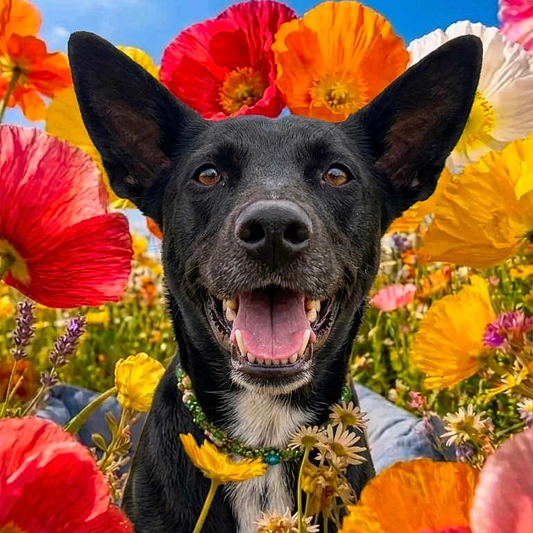 Maya a rejoint le concours — aidez-le/la à gagner de superbes lots ! animal, black_dog, blue_sky, closeup, collar, colorful_flowers, daylight, dog, ears, flower_field, grass, greenery, happy, nature, outdoor, pet, poppies, portrait, smiling_dog, spring