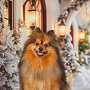 Uinny a rejoint le concours — aidez-le/la à gagner de superbes lots ! dog, pomeranian, fluffy, smiling, pet, animal, winter, snow, holiday, lantern, lights, decorations, festive, cute, portrait, furry, indoor, warm, cozy, background