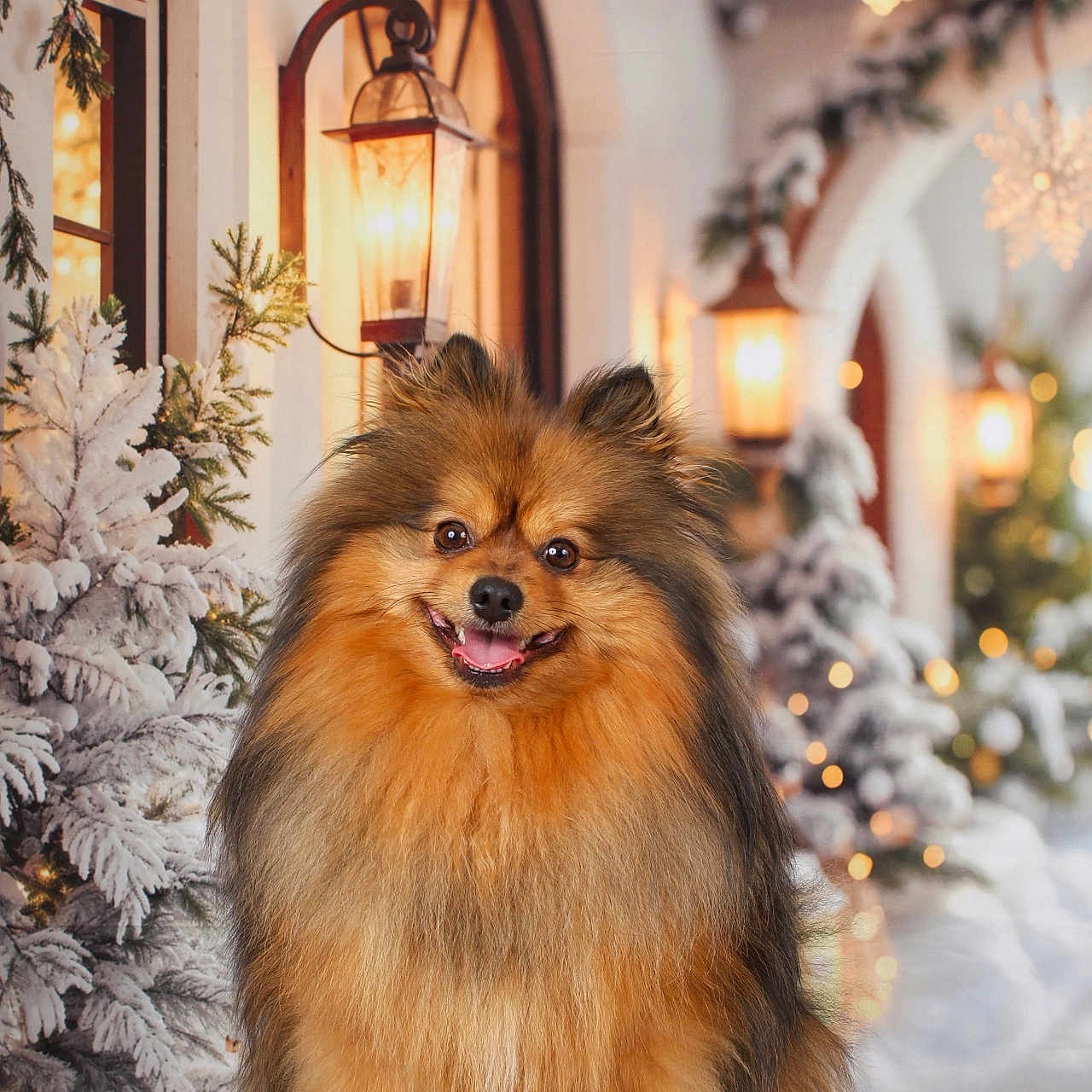 Uinny a rejoint le concours — aidez-le/la à gagner de superbes lots ! animal, background, cozy, cute, decorations, dog, festive, fluffy, furry, holiday, indoor, lantern, lights, pet, pomeranian, portrait, smiling, snow, warm, winter