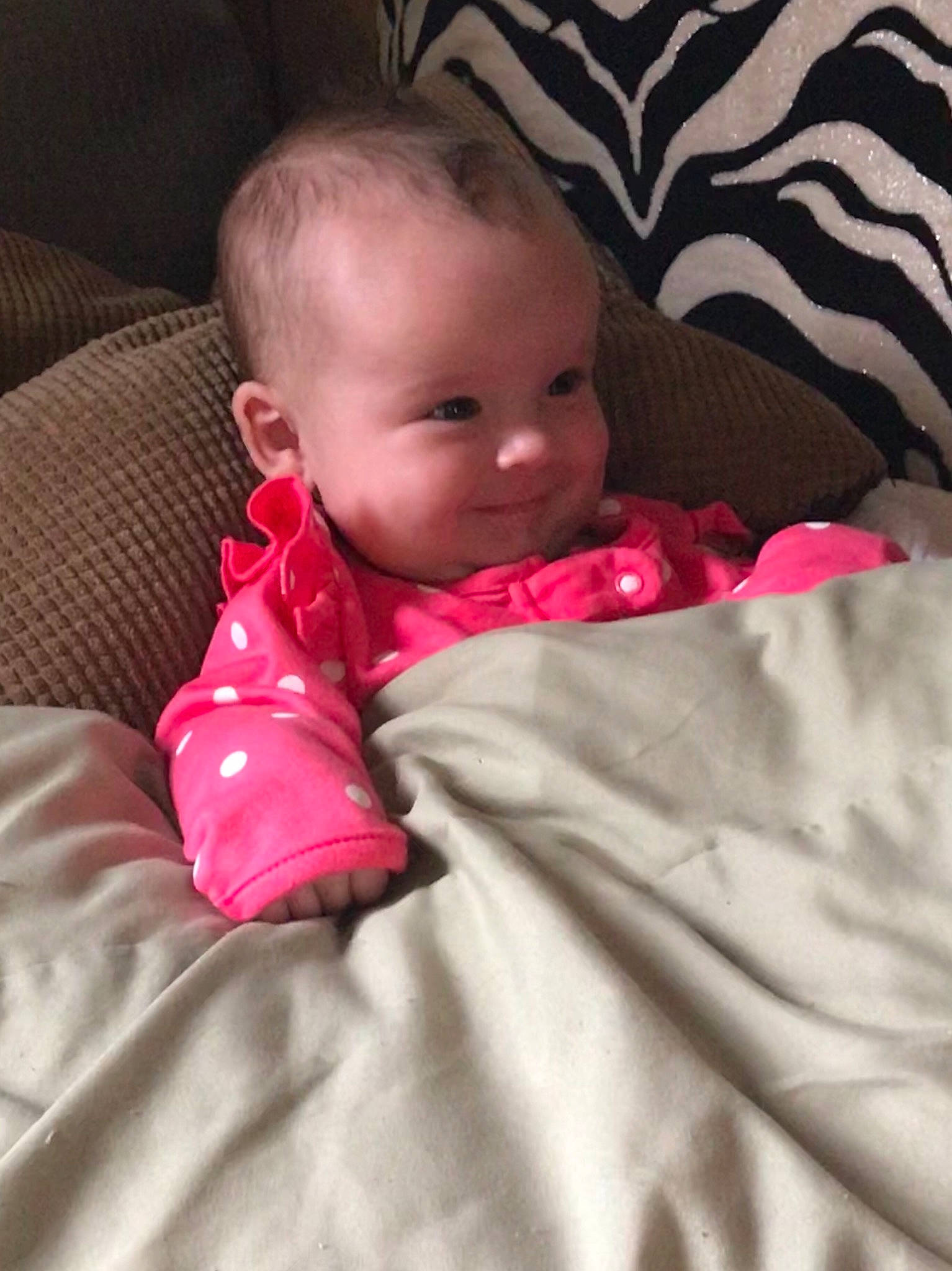 Averlee is registered to the contest to win money with this photo: baby, bed, bedding, blanket, cheek, child, eye, face, head, linens, lip, magenta, mouth, person, pink, product, skin, textile, toddler