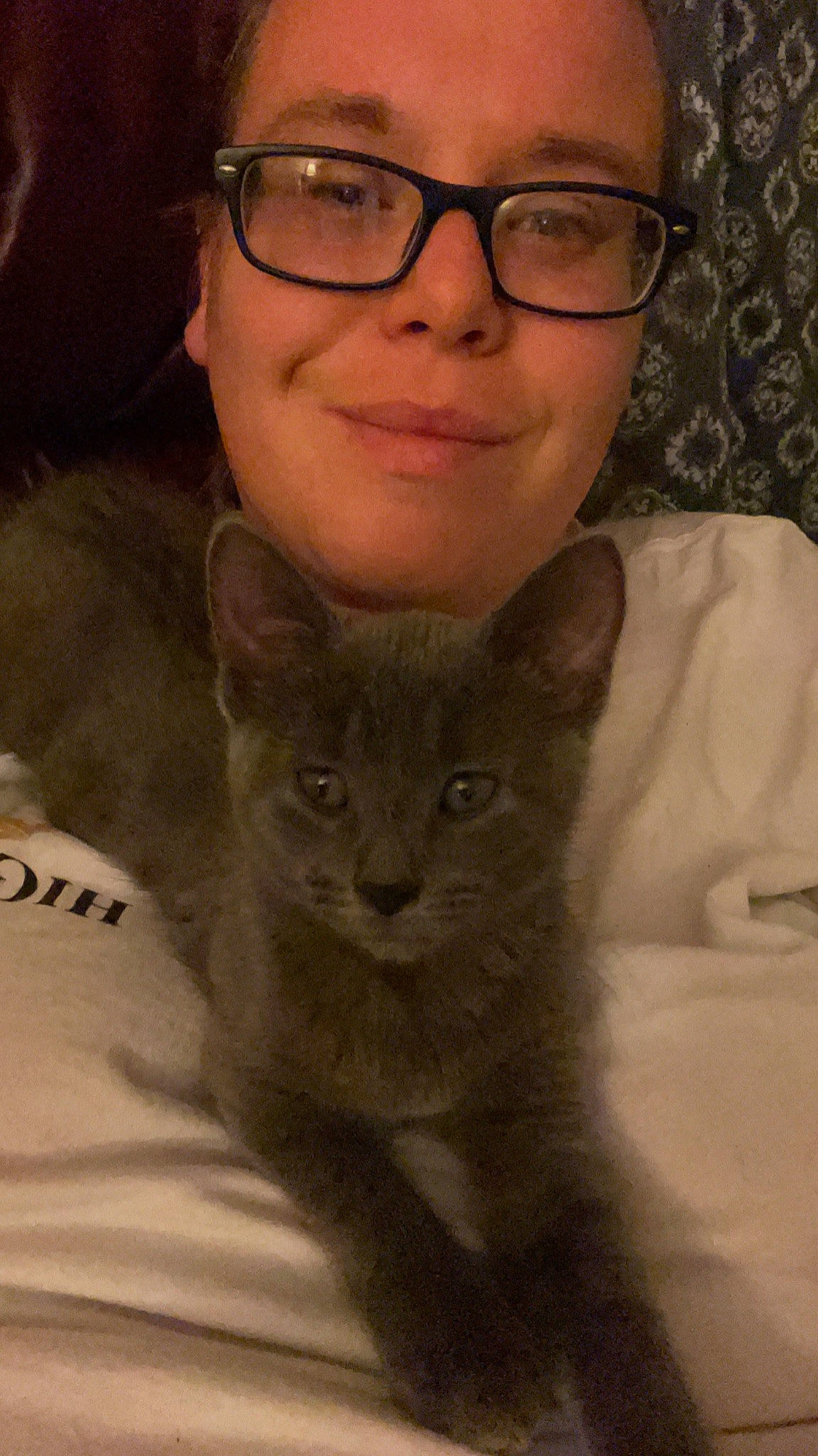 Sybill is registered to the contest to win money with this photo: carnivore, cat, domestic_short_haired_cat, ear, eye, eyewear, facial_hair, fawn, felidae, fur, glasses, iris, moustache, selfie, small_to_medium_sized_cats, smile, snout, vision_care, whiskers