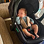 baby, car_seat, sleeping, infant, child, seatbelt, indoors, clothing, person, furniture, fabric, hand, foot, face, head, cute, peaceful, resting, toddler, safety