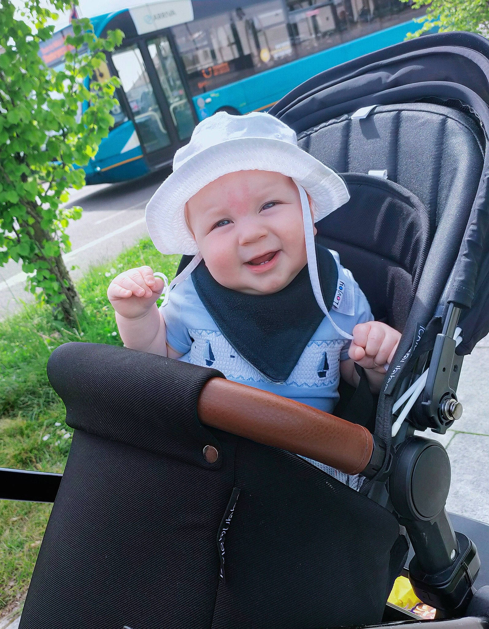Kobe joined the competition — help win amazing prizes! auto_part, baby, baby_carriage, baby_products, baby_safety, baby_toddler_clothing, blue, cap, child, electric_blue, fun, grass, happy, hat, headwear, leisure, people, person, plant, smile