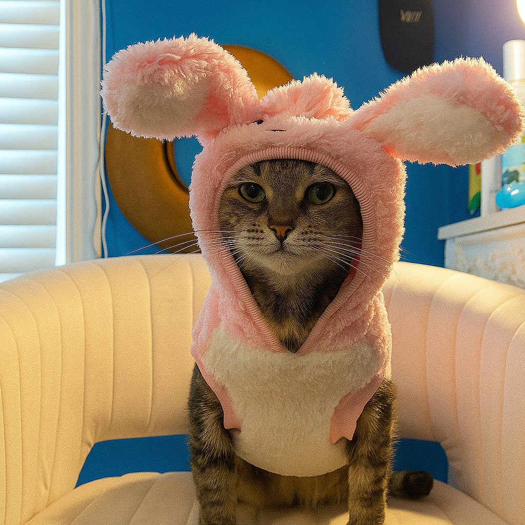Rainbow joined the competition — help win amazing prizes! animal, blue_wall, bunny_ears, cat, costume, cozy, cute, expressionless, fluffy, furniture, furry, indoor, lamp, pet, pink, portrait, sitting, whiskers, white_chair, window