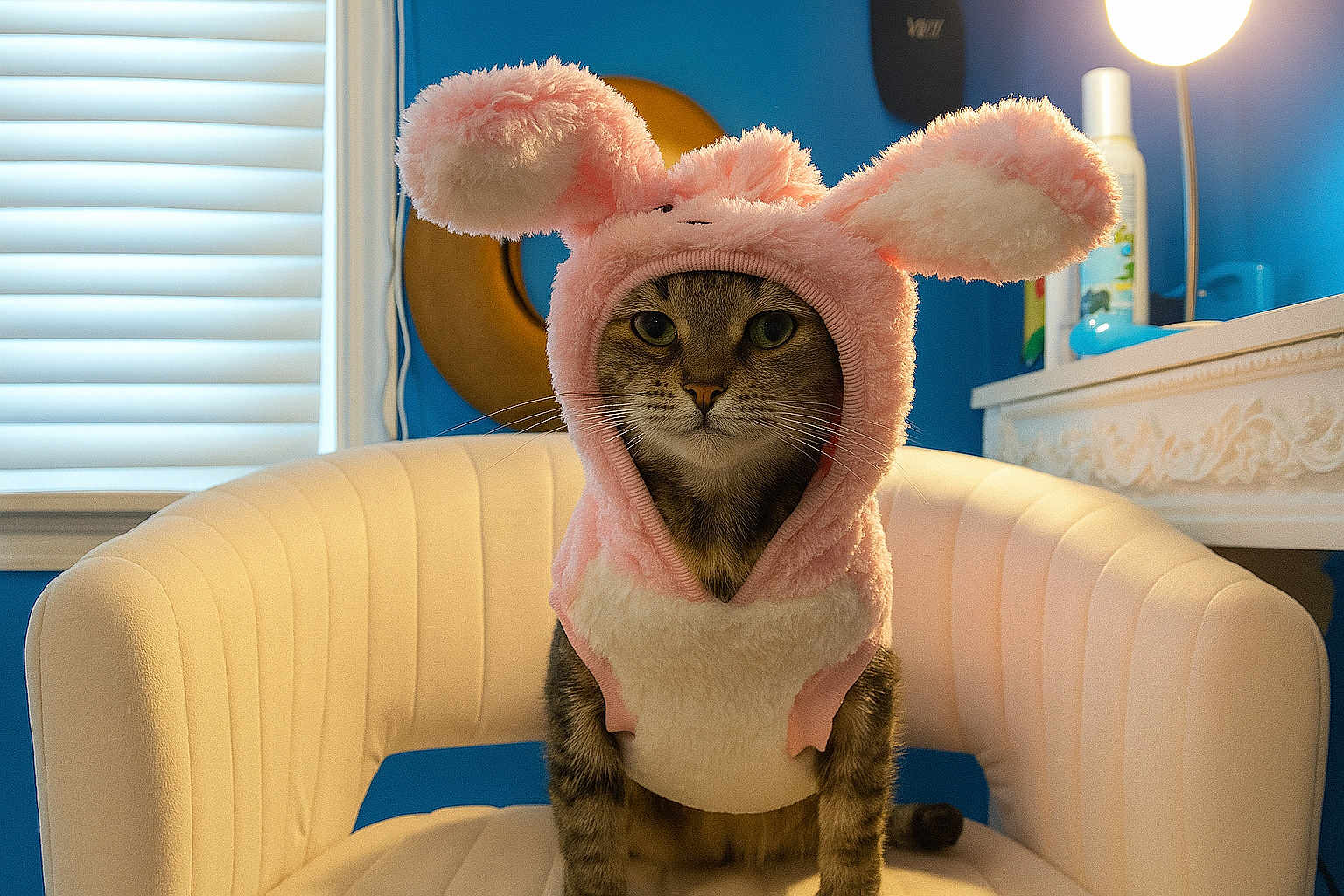 Rainbow joined the competition — help win amazing prizes! cat, costume, bunny_ears, pink, white_chair, indoor, pet, furry, animal, portrait, blue_wall, lamp, window, furniture, cute, fluffy, whiskers, sitting, expressionless, cozy