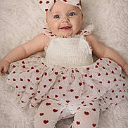 Hazel is registered to the contest to win money with this photo: baby, child, smiling, headband, bow, heart_pattern, white_clothing, leggings, tutu, lying_down, fluffy_background, cute, happy, portrait, infant, blue_eyes, soft_texture, adorable, fashion, playful