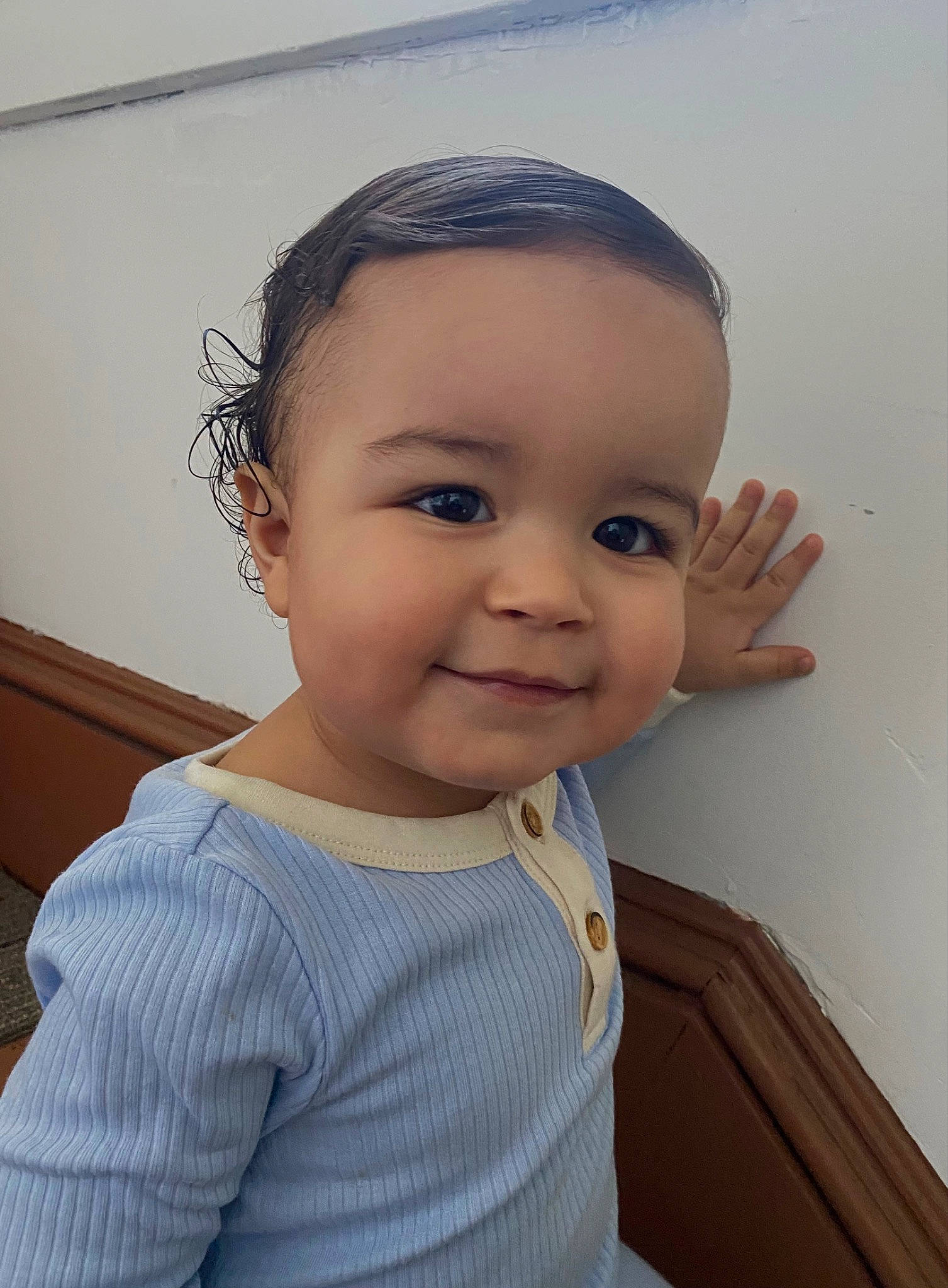 Landyn is registered to the contest to win money with this photo: baby, baby_toddler_clothing, cheek, child, eyelash, fun, gesture, happy, iris, joy, lip, neck, nose, pattern, person, room, shoulder, skin, sleeve, smile