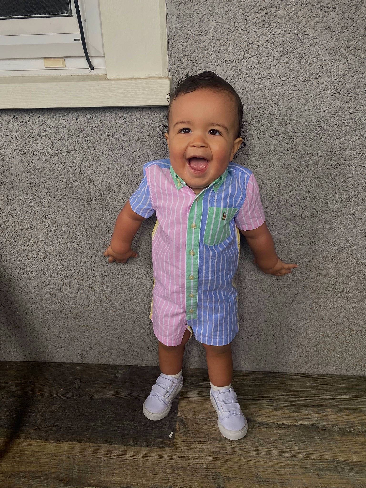 Landyn joined the competition — help win amazing prizes! baby, baby_toddler_clothing, child, concrete, floor, flooring, footwear, happy, hardwood, human_leg, magenta, pattern, person, sandal, sleeve, smile, sock, t_shirt, toddler, wood