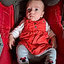Lilou a rejoint le concours — aidez-le/la à gagner de superbes lots ! baby, child, car_seat, red_dress, leggings, patterned_clothing, indoor, person, infant, cute, seated, clothing, fabric, face, head, hands, legs, footwear, expression, looking