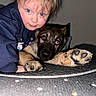 child, toddler, puppy, dog, blue_eyes, heterochromia, face, paw, sweatshirt, indoor, carpet, cute, pet, animal, person, portrait, playing, friendship, closeup, expression