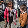 Aurora joined the competition — help win amazing prizes! child, muddy, outdoor, sunny, girl, boy, jacket, boots, playful, messy_hair, smile, dirt, wooden_deck, shadow, person, clothing, daylight, standing, casual, happy