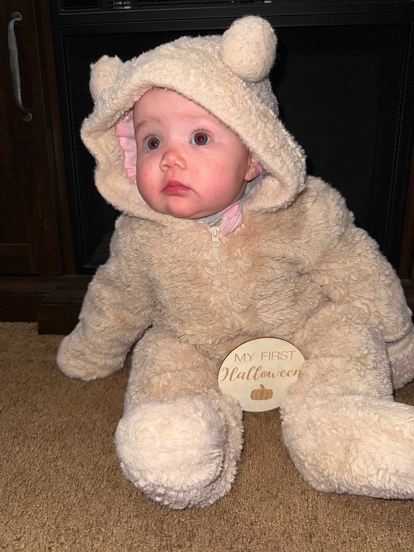 Katalina is registered to the contest to win money with this photo: baby, child, costume, bear_costume, halloween, wooden_sign, carpet, indoor, cute, fluffy, hood, pom_poms, carpet_floor, face, sitting, childrens_clothing, holiday, portrait, expression, holiday_theme