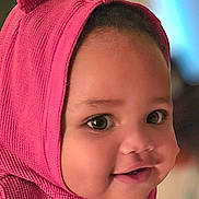 Lakelyn Skye joined the competition — help win amazing prizes! baby, child, infant, portrait, close_up, smiling, happy, face, eyes, hood, pink, clothing, bear_ears, indoor, soft_lighting, blurred_background, head, cheeks, cute, photography
