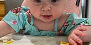 Kayliese is registered to the contest to win money with this photo: baby, child, high_chair, food, waffle, scrambled_eggs, pink_bow, headband, floral_dress, kitchen, refrigerator, wooden_cabinets, table, tray, hand, face, cute, indoor, person, foot