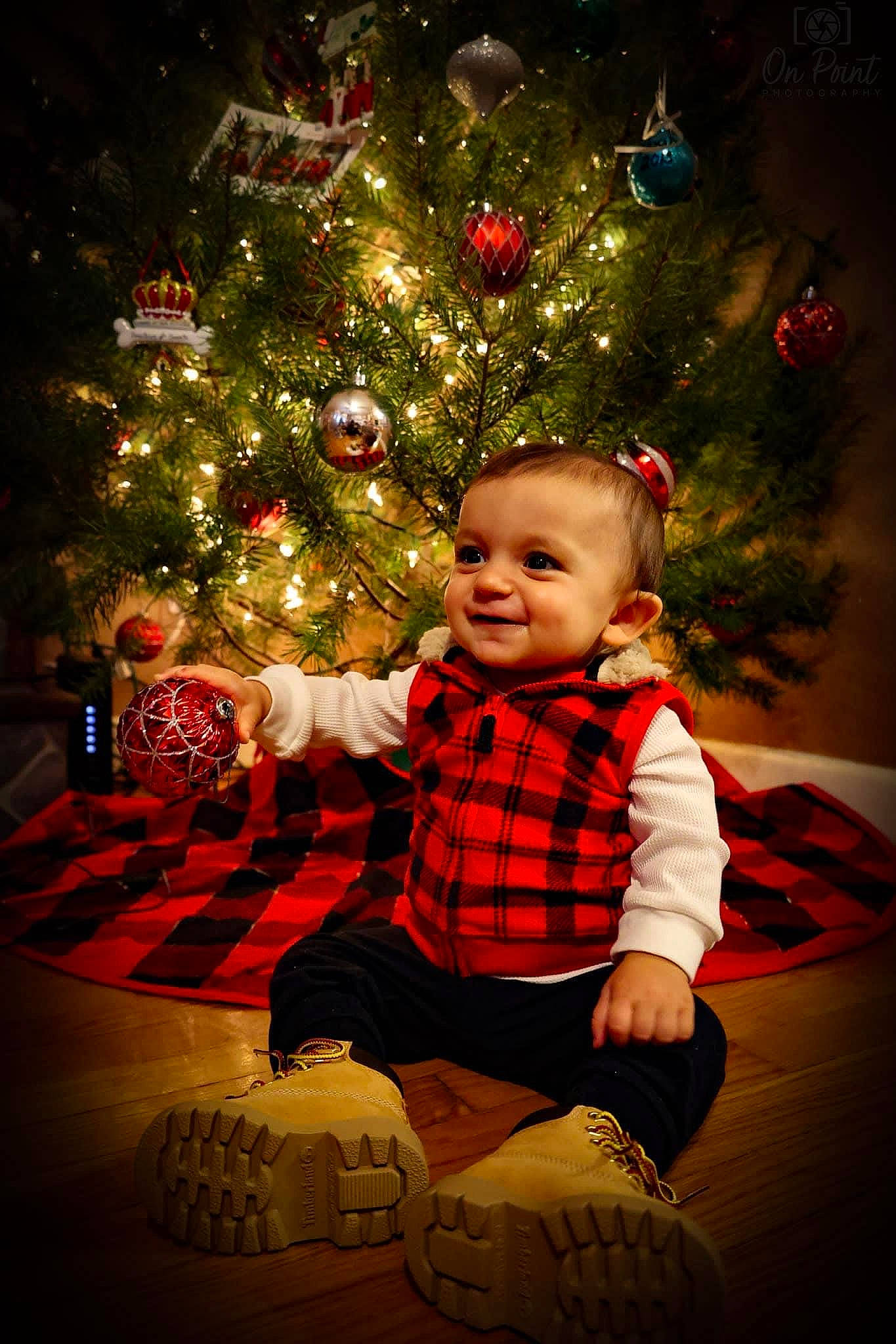 Myles is registered to the contest to win money with this photo: baby_toddler_clothing, branch, christmas, christmas_decoration, christmas_eve, christmas_ornament, christmas_tree, event, evergreen, flash_photography, happy, holiday, holiday_ornament, human_body, joy, ornament, person, plant, smile, toddler