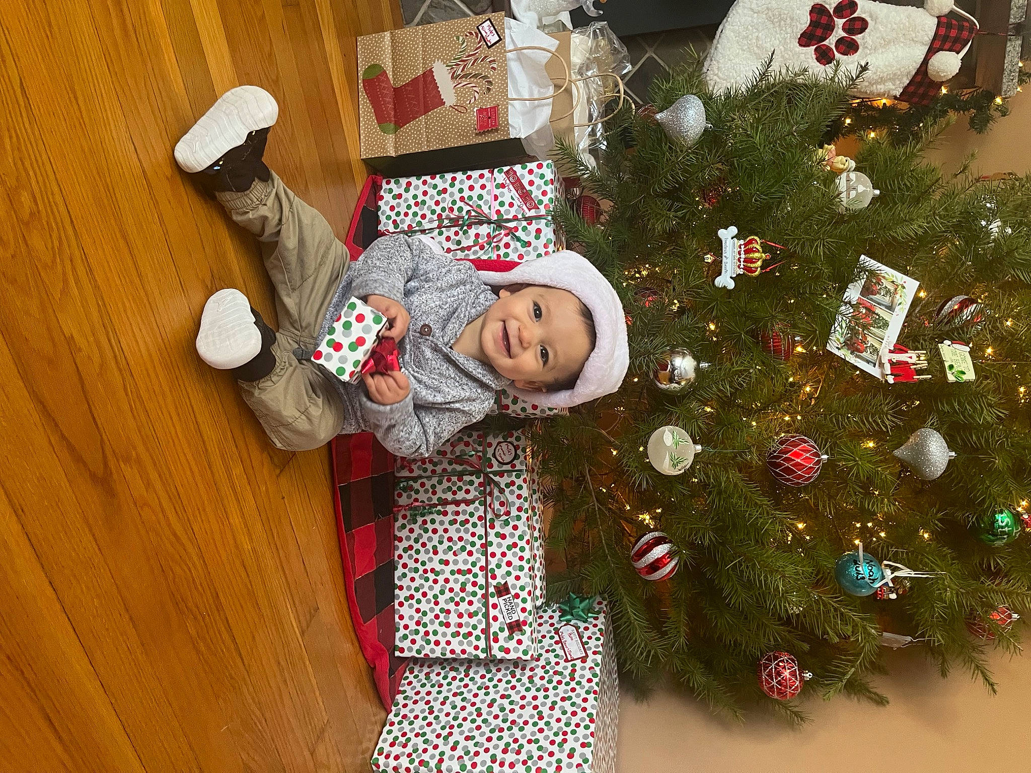 Myles joined the competition — help win amazing prizes! baby, baby_toddler_clothing, christmas, christmas_decoration, christmas_ornament, christmas_tree, conifer, event, evergreen, flooring, happy, hardwood, headwear, holiday, holiday_ornament, joy, lap, ornament, person, sleeve