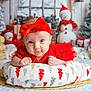 baby, infant, red_bow, red_dress, blanket, snowman, christmas_tree, holiday_decorations, presents, festive, indoor, portrait, cute, smiling, winter, christmas, holiday, decor, soft_lighting, cozy