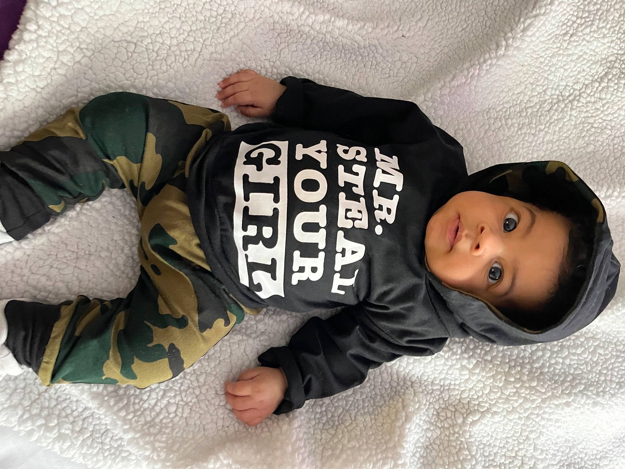 Kaycen joined the competition — help win amazing prizes! baby, baby_products, baby_toddler_clothing, child, comfort, flooring, font, grey, human_body, linens, mammal, outerwear, person, sitting, skin, sleeve, t_shirt, thigh, toddler, vertebrate