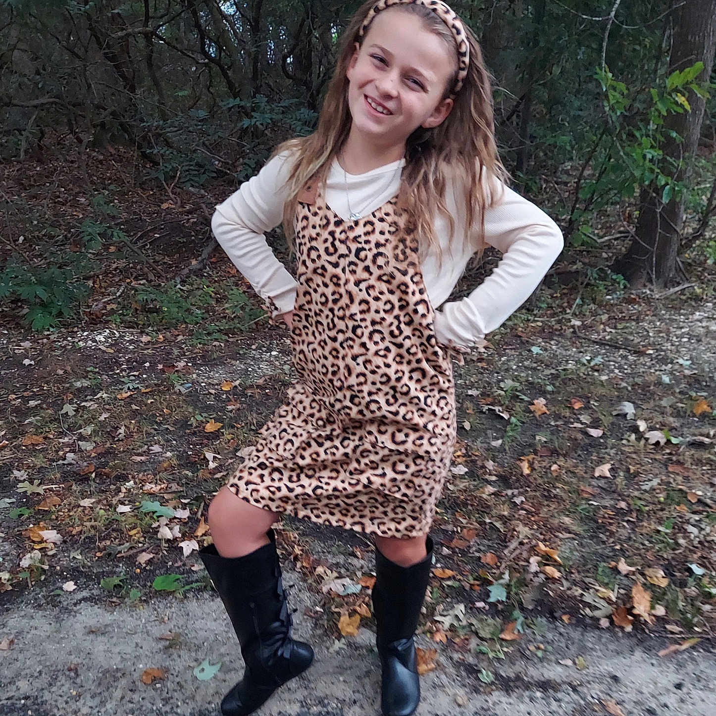 Natalia joined the competition — help win amazing prizes! boots, child, dress, fall, forest, girl, ground, happy, headband, leaves, leopard_print, long_hair, nature, outdoor, path, person, playful, pose, smile, trees