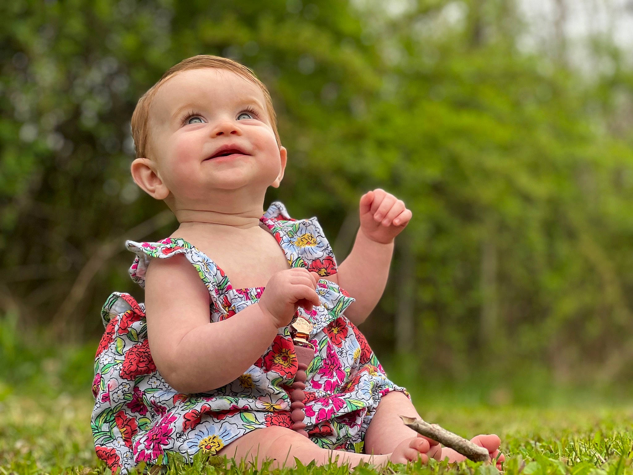 Ensley joined the competition — help win amazing prizes! baby, baby_toddler_clothing, cheek, child, eye, fun, gesture, grass, grassland, happy, leaf, leisure, meadow, people_in_nature, person, pink, plant, skin, smile, summer