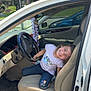 building, car_interior, child, dashboard, door, floor_mat, greenery, happy, jeans, person, playful, seat, seatbelt, smiling, steering_wheel, sunlight, tshirt, vehicle, white_car, window