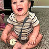 Nehemiah joined the competition — help win amazing prizes! baby, infant, smiling, sitting, pacifier, striped_clothing, carpet, indoors, child, cute, happy, footwear, pink_sandals, clip, playful, young_child, person, skin, mouth_open, face