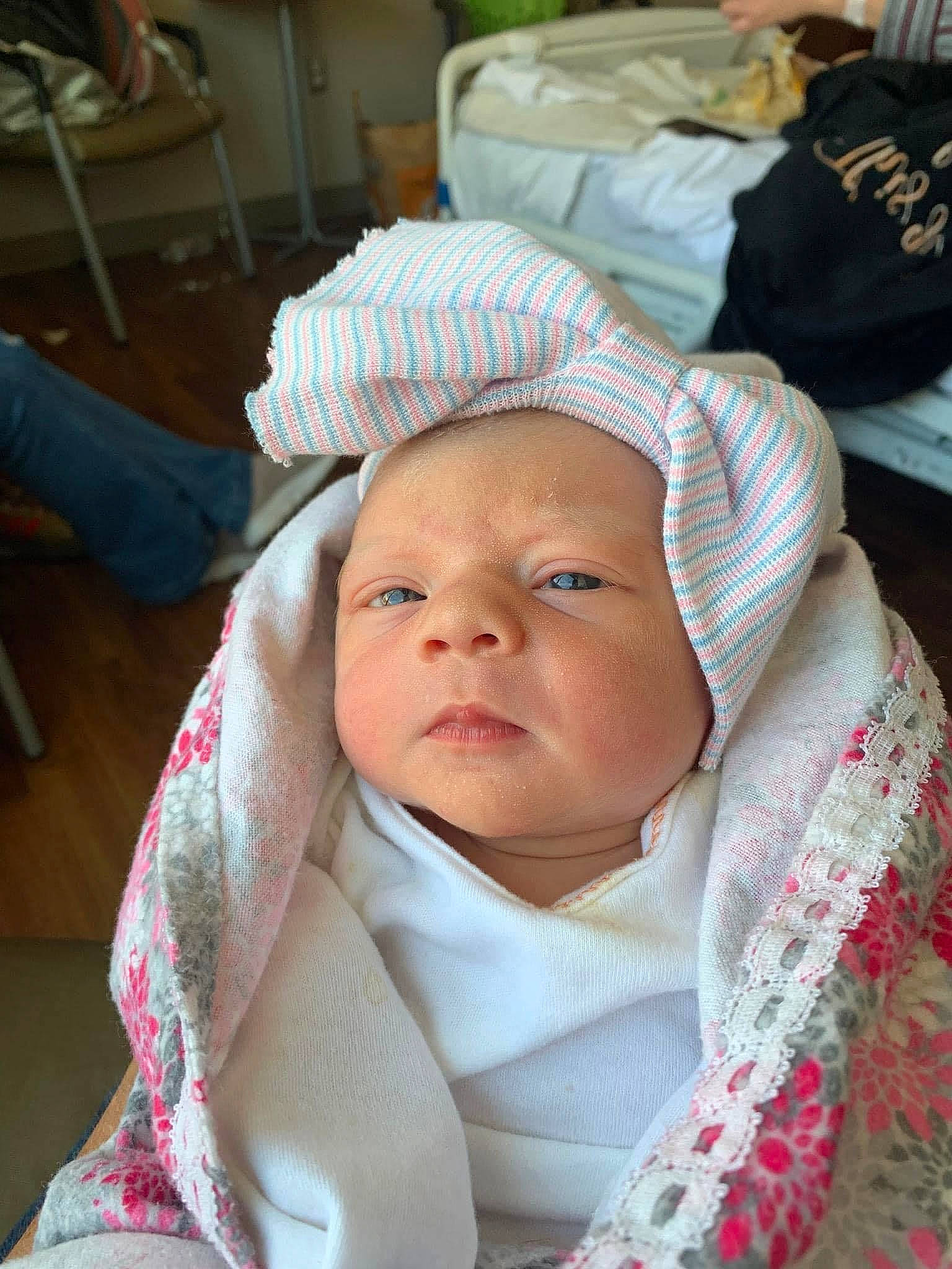 Melody is registered to the contest to win money with this photo: baby, baby_products, baby_safety, baby_toddler_clothing, cheek, child, comfort, eye, hat, linens, person, sitting, skin, toddler