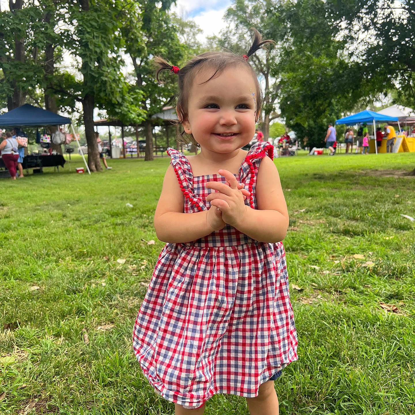 Ravynn joined the competition — help win amazing prizes! child, daylight, dress, event, footwear, grass, greenery, happy, nature, outdoor, park, people, pigtails, playful, smile, summer, sunlight, toddler, trees, young_child