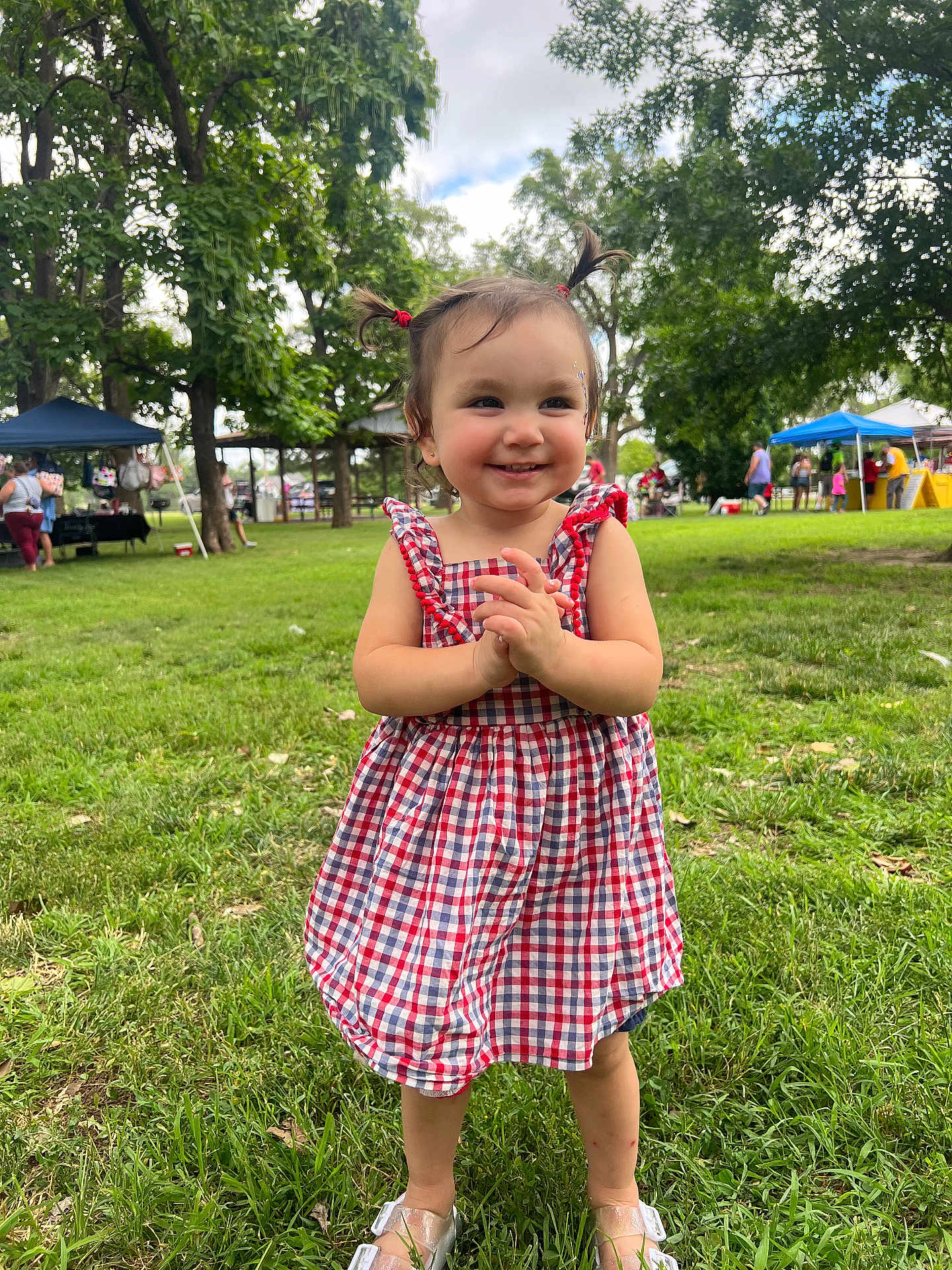 Ravynn joined the competition — help win amazing prizes! toddler, child, smile, dress, pigtails, grass, park, outdoor, people, trees, sunlight, happy, footwear, summer, nature, playful, event, greenery, young_child, daylight