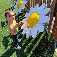 Ravynn joined the competition — help win amazing prizes! toddler, child, smiling, outdoor, playground, musical_instrument, toy, grass, sunlight, shadow, flower, daisy, fence, mallet, casual_clothing, shoes, happy, person, nature, daylight