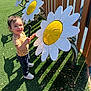 toddler, child, smiling, outdoor, playground, musical_instrument, toy, grass, sunlight, shadow, flower, daisy, fence, mallet, casual_clothing, shoes, happy, person, nature, daylight