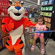 Kaylee is registered to the contest to win money with this photo: child, shopping_cart, supermarket, costume, tony_the_tiger, cereal_boxes, snacks, aisle, retail, person, orange, pink_clothing, sandals, floor, shelf, packaging, smile, hand_gesture, store, indoor